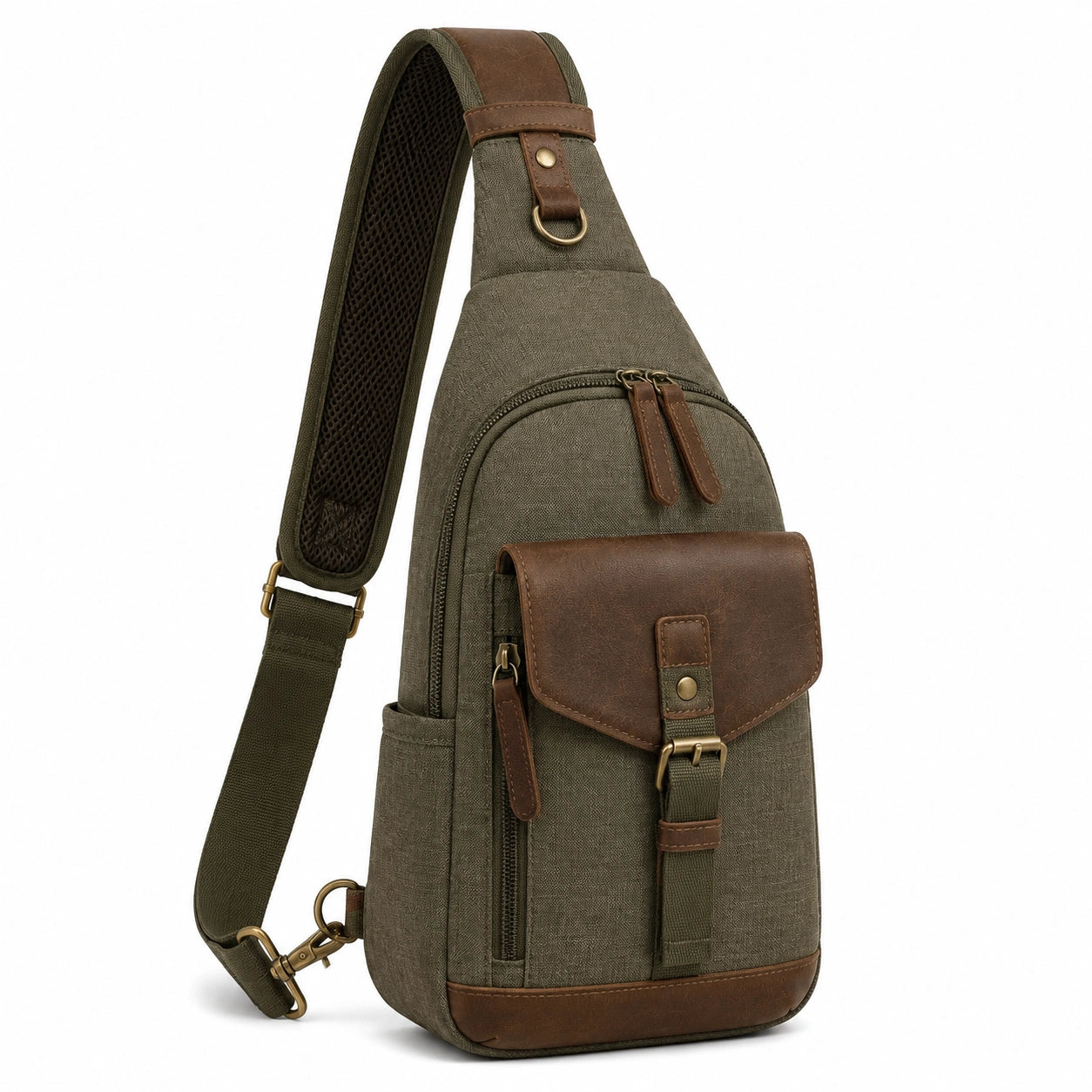 Borsa a tracolla 18 x 8 x 32 cm in tessuto verde oliva e similpelle marrone stile vintage con tasche multiple
