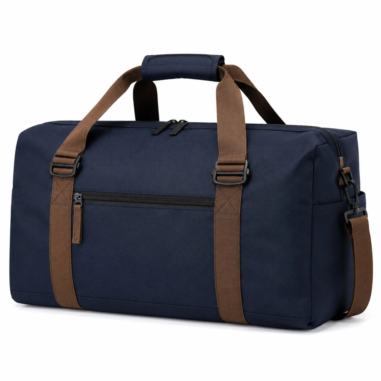 Borsa da viaggio 50x25x28 cm in tessuto blu navy e marrone con tracolla regolabile