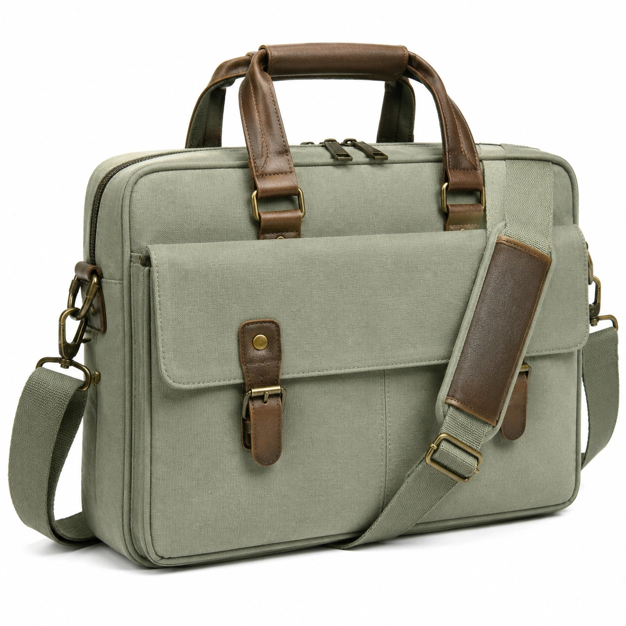 Borsa portadocumenti 40 x 10 x 30 cm in tessuto verde salvia con dettagli marroni - tracolla regolabile