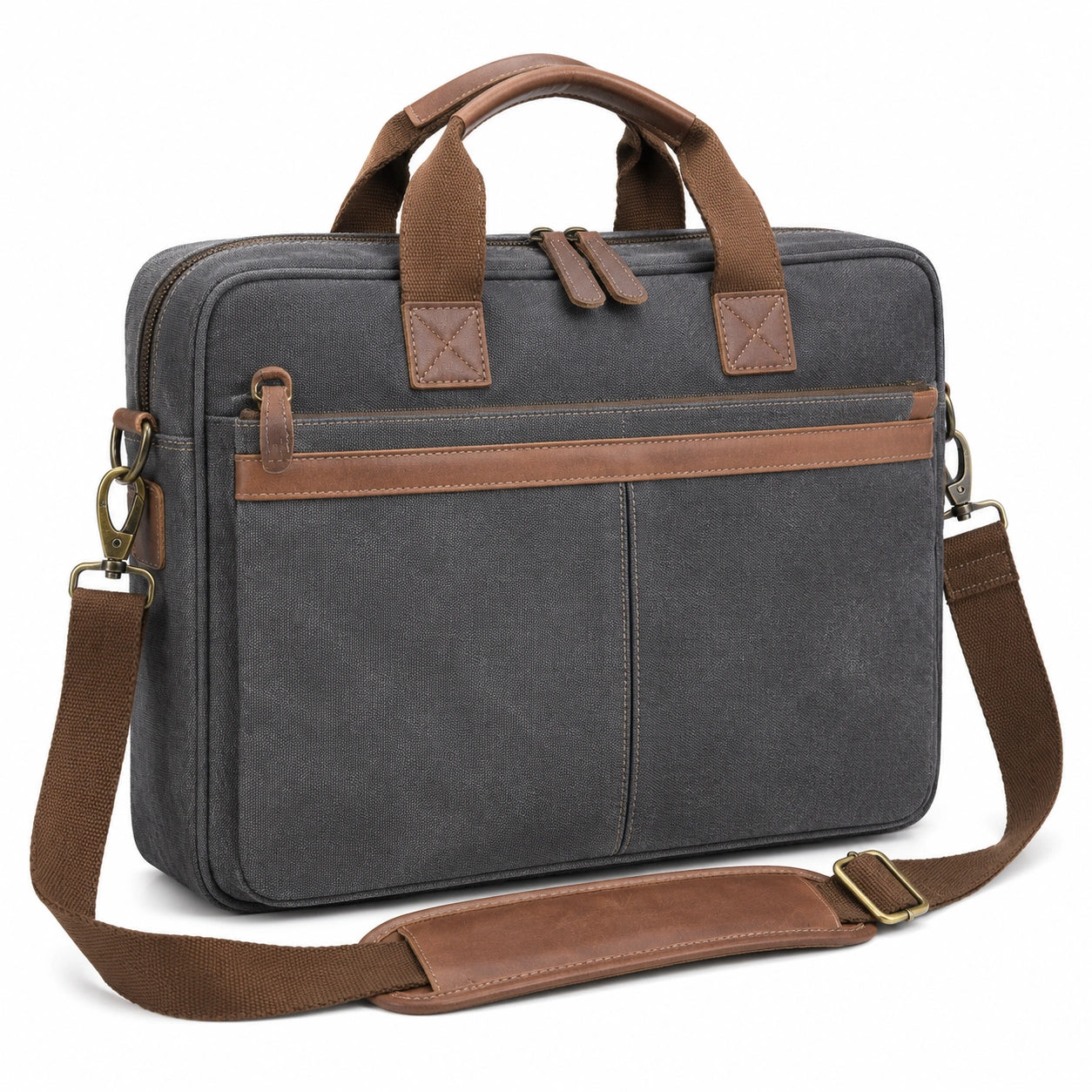 Borsa porta computer 40 x 8 x 30 cm in tessuto grigio e similpelle marrone con tracolla regolabile