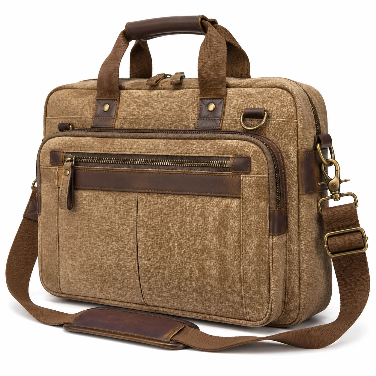 Borsa da lavoro 42 x 12 x 30 cm in tela e similpelle marrone con tracolla regolabile