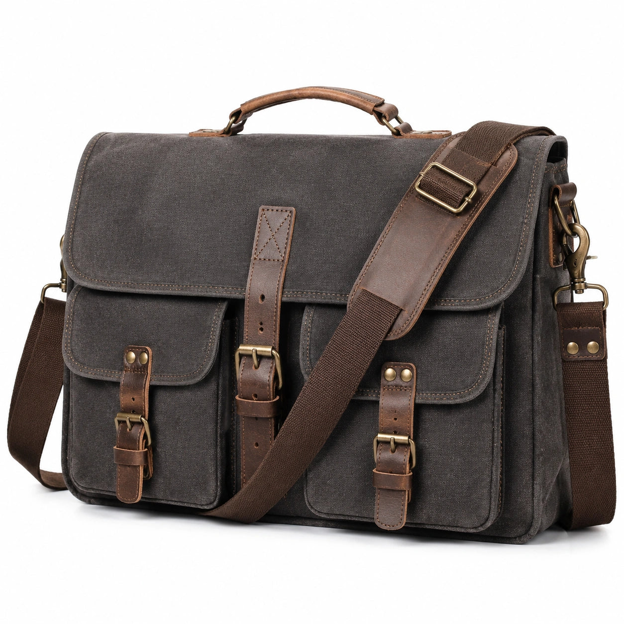Borsa messenger 40 x 12 x 30 cm in tessuto grigio scuro e dettagli marroni - tracolla regolabile multitasca