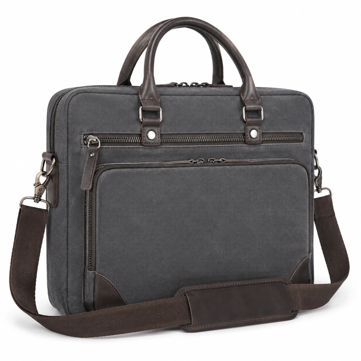 Borsa portadocumenti 40 x 10 x 30 cm in tela grigio scuro e similpelle marrone con tracolla regolabile