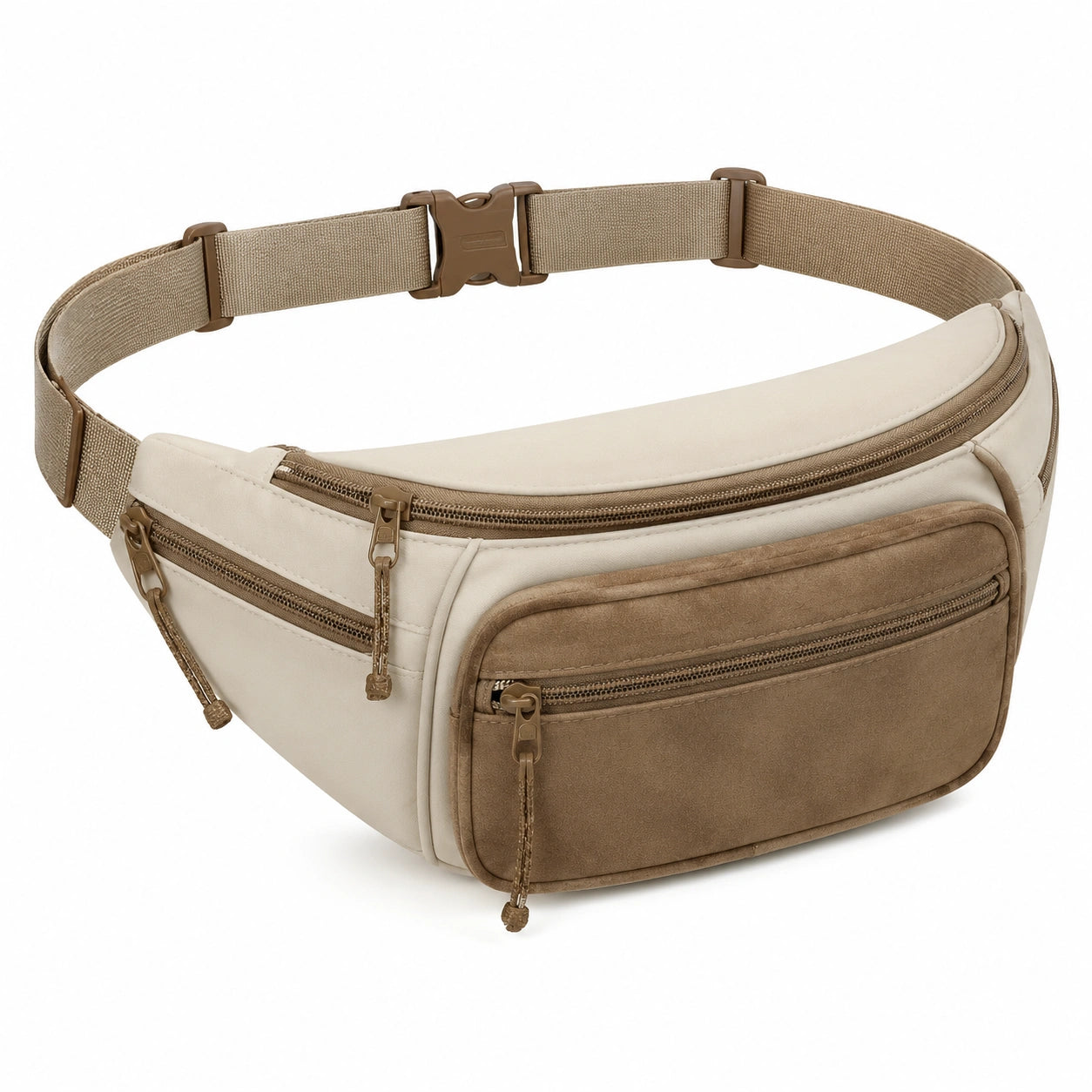 Marsupio 30 x 8 x 16 cm in tessuto sintetico beige e marrone con cintura regolabile e tasche con cerniera