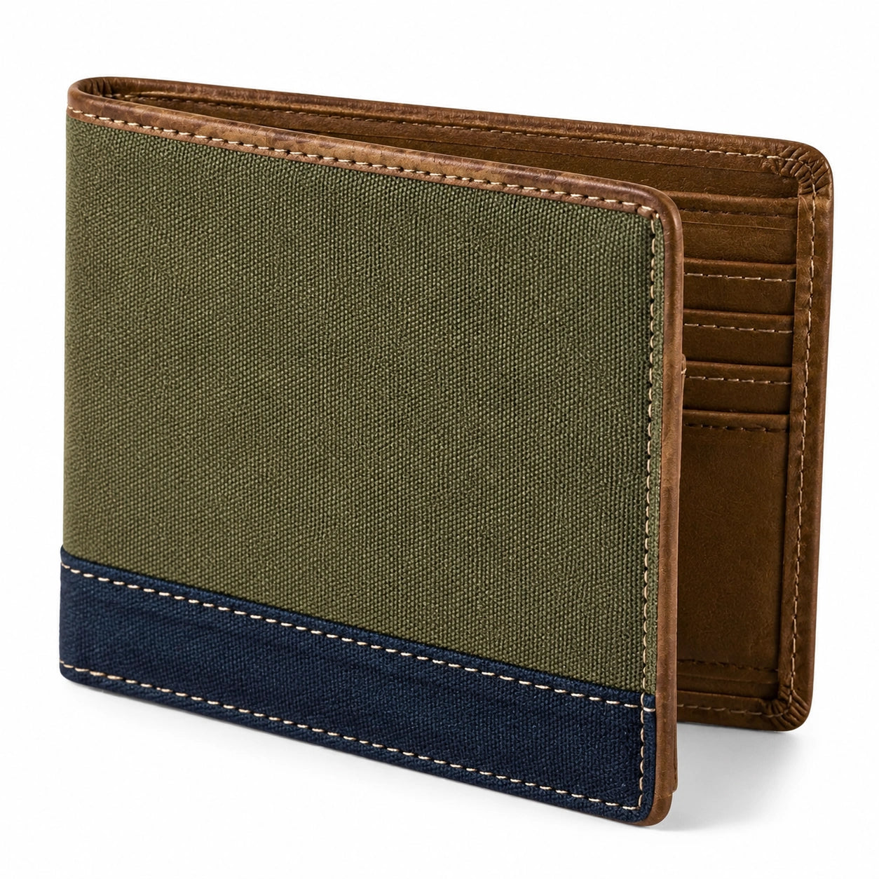 Portafoglio bifold 11.5 x 9.5 x 1.5 cm in similpelle e tessuto verde oliva blu navy marrone per carte e banconote