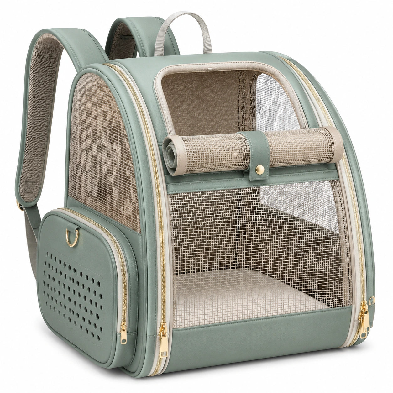 Zaino trasportino per animali 40 x 30 x 42 cm verde salvia in similpelle con rete ventilata