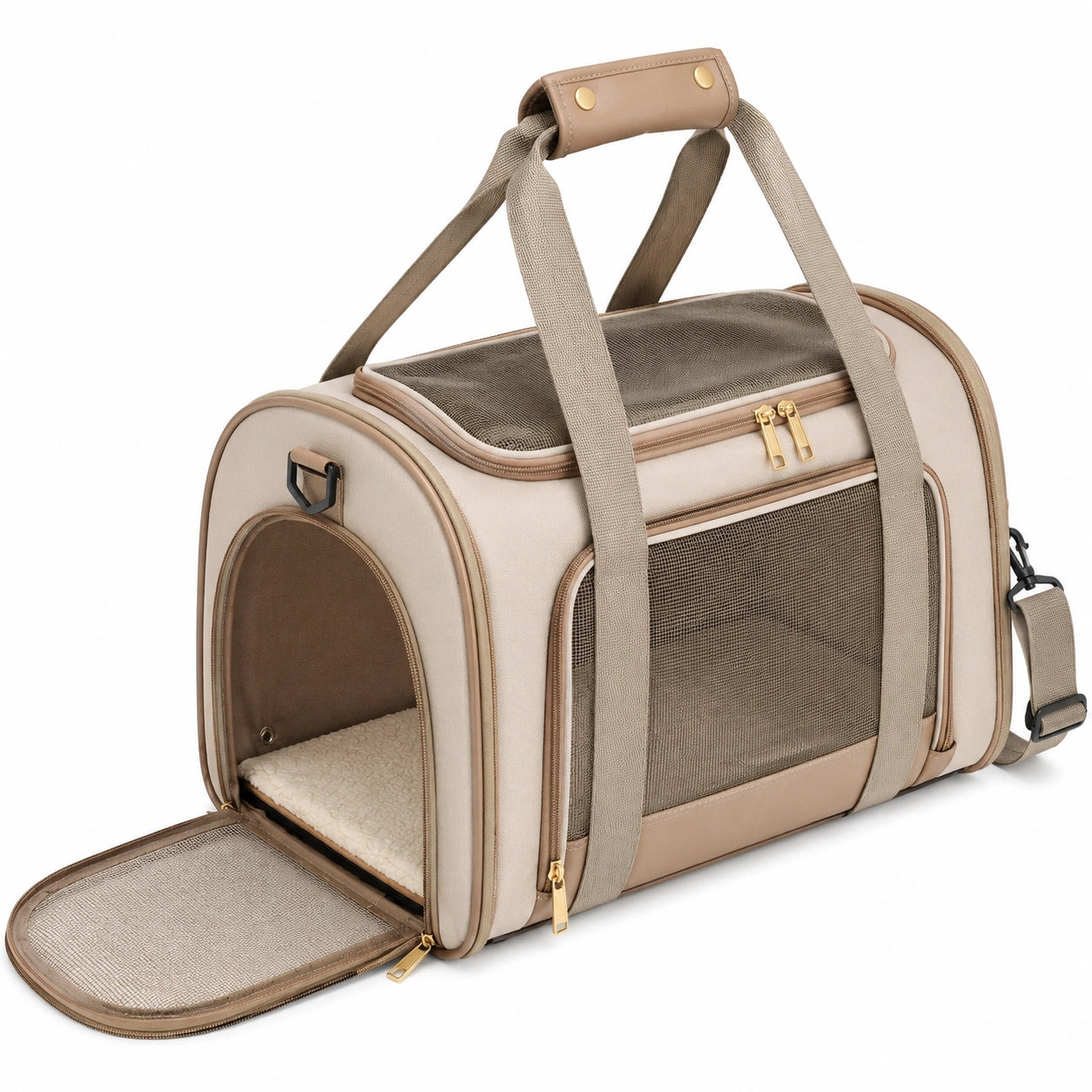 Trasportino morbido per animali 45 x 28 x 30 cm in tessuto beige con rete ventilata da viaggio