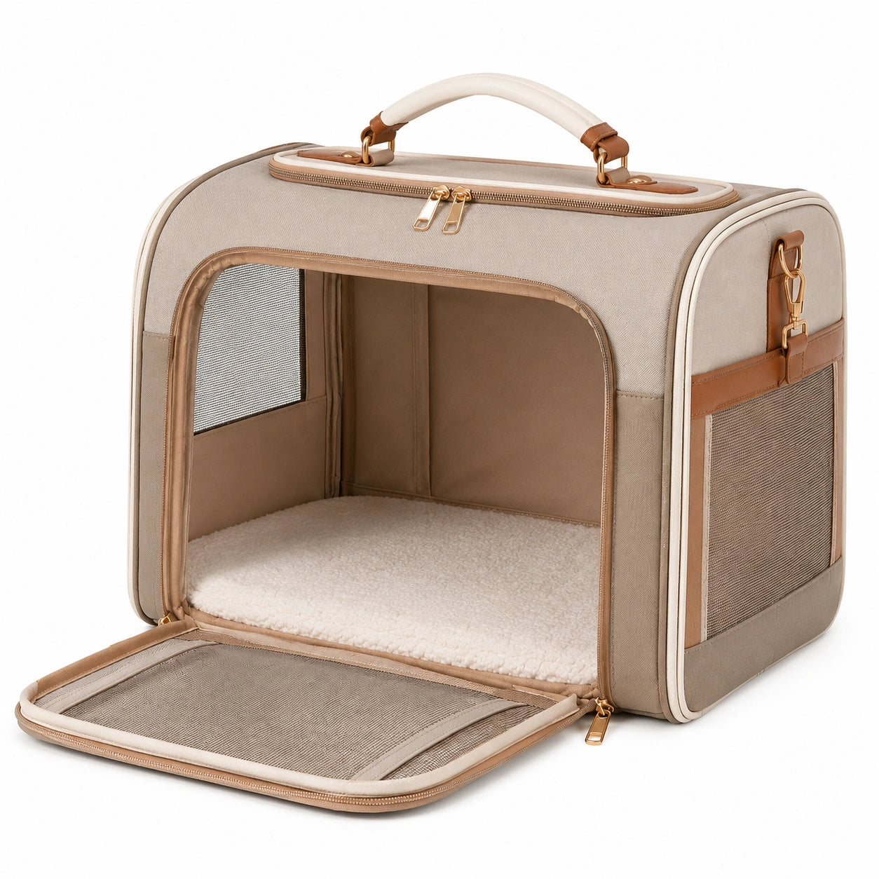 Trasportino morbido per animali 45 x 30 x 30 cm in tessuto beige con rete - borsa pieghevole ventilata