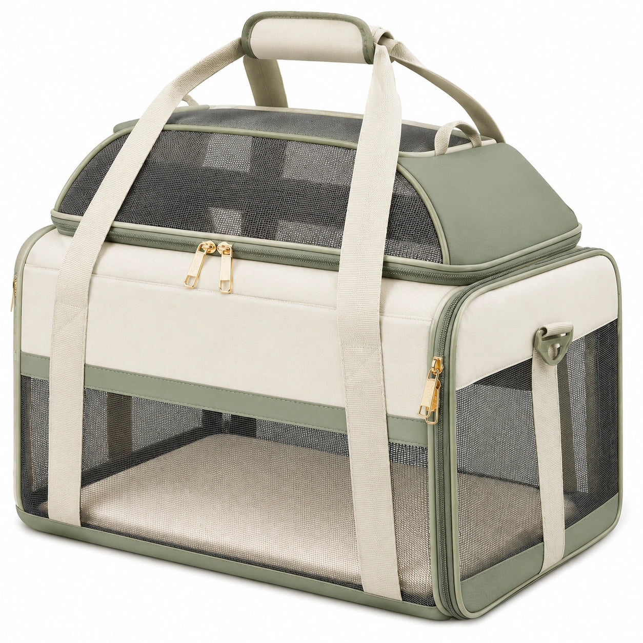 Trasportino per animali 50x30x35 cm in tessuto beige e verde salvia con rete ventilata