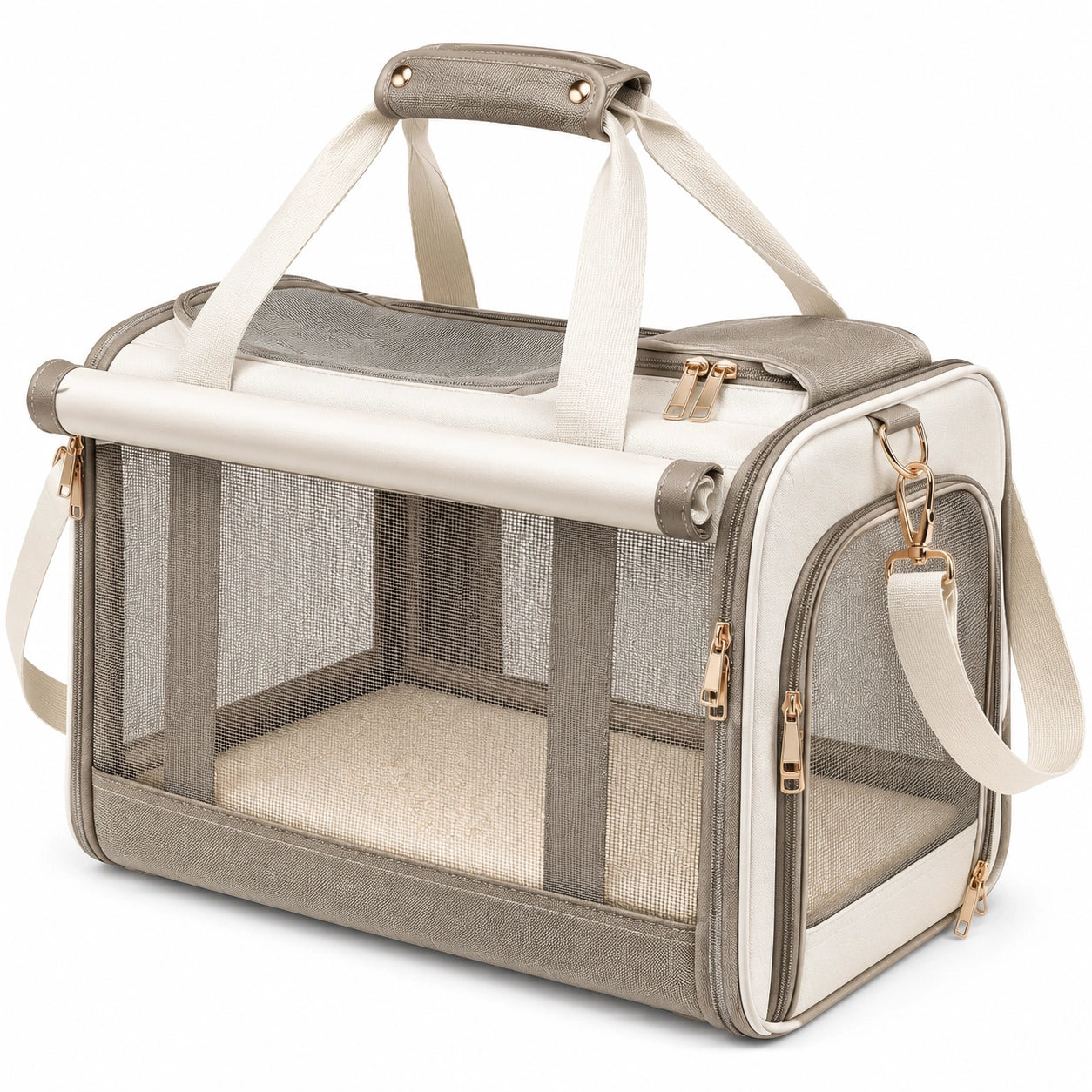 Trasportino per animali 50 x 30 x 32 cm in tessuto beige e tortora con rete e tracolla