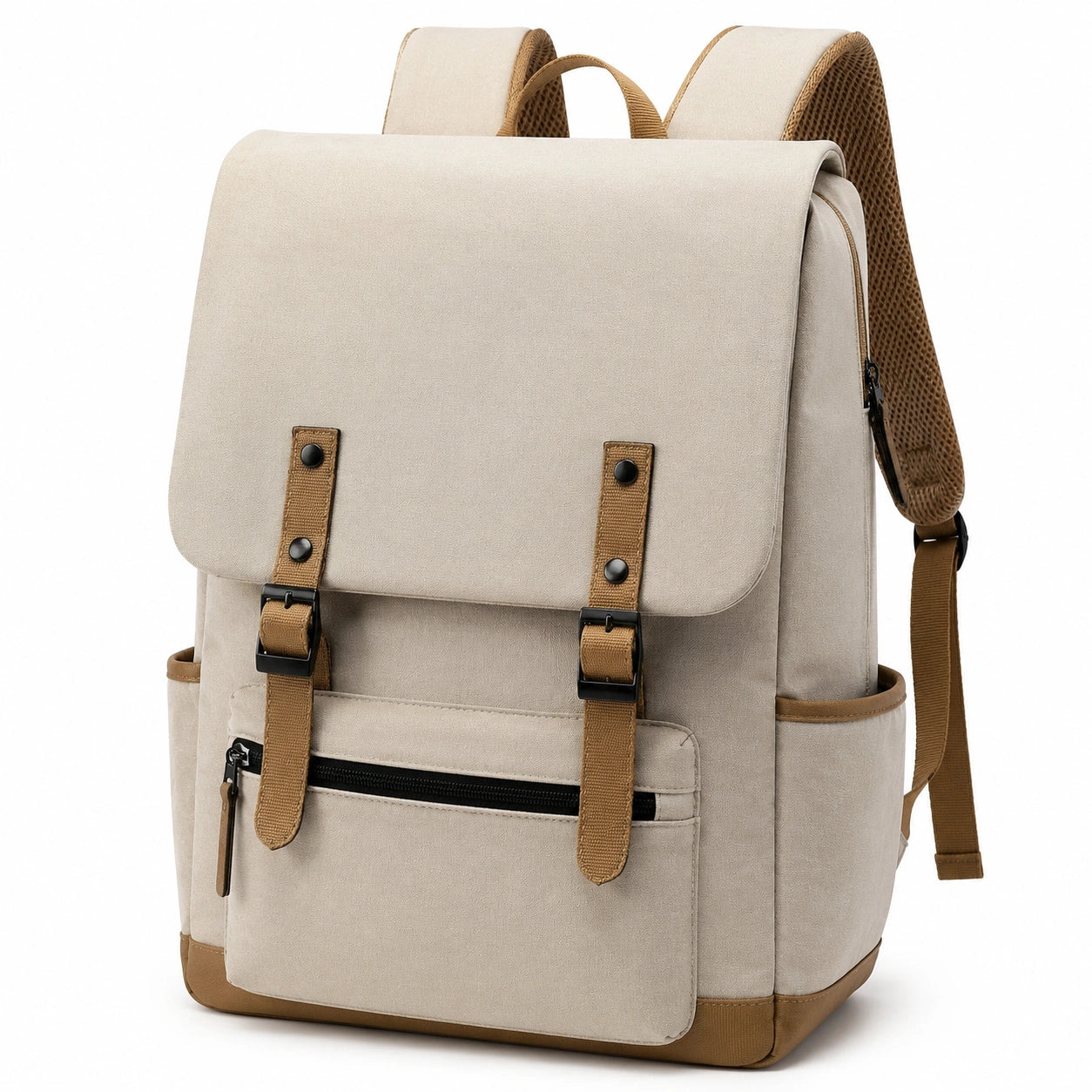 Zaino 30 x 15 x 40 cm in tessuto beige e marrone con tasca frontale stile casual