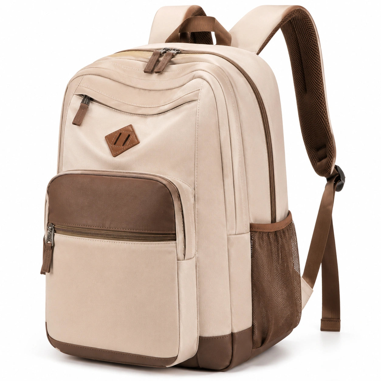 Zaino 30 x 18 x 45 cm in tessuto beige e marrone con tasche multiple per uso quotidiano