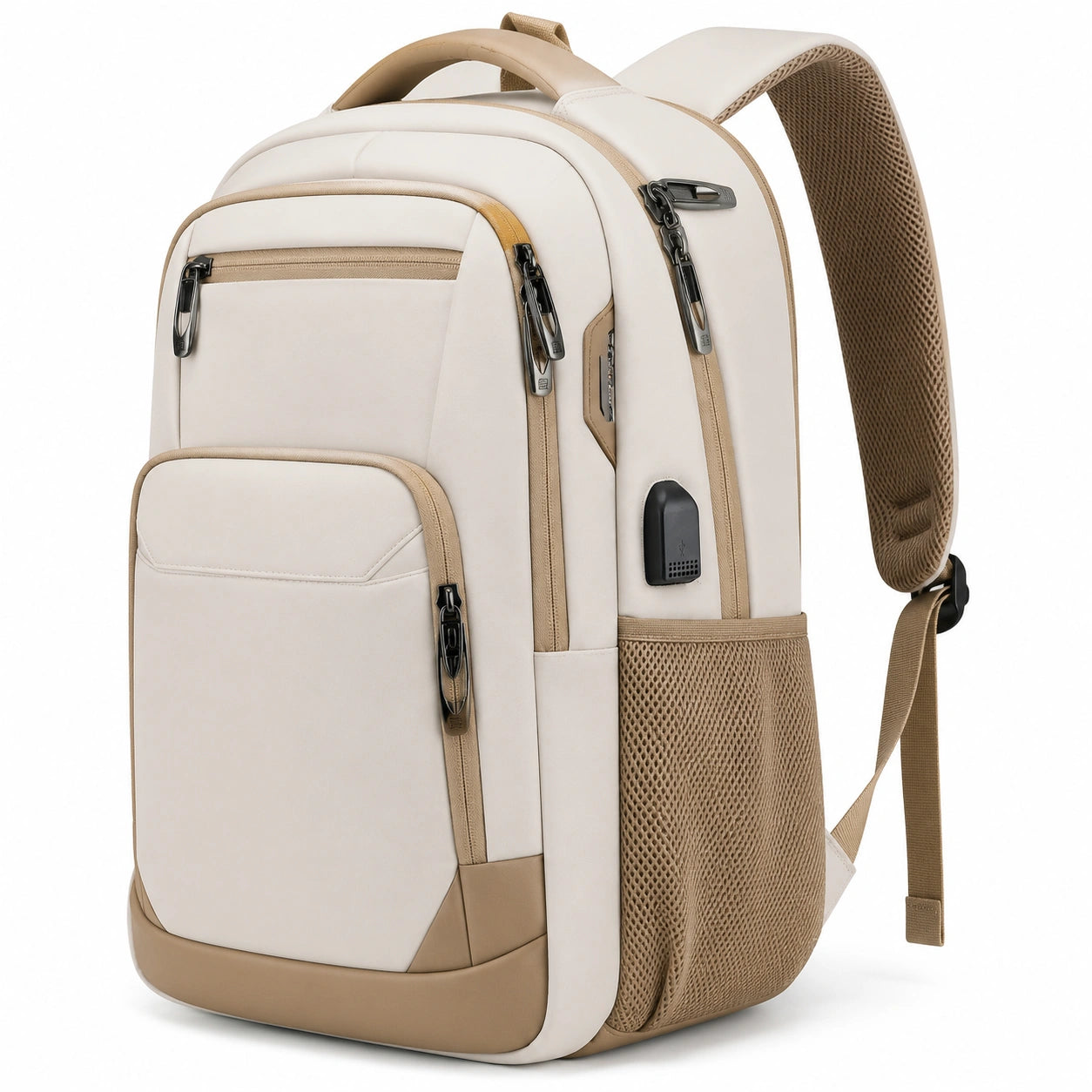 Zaino porta computer 32x18x46 cm beige in tessuto sintetico con porta USB e tasche multiple