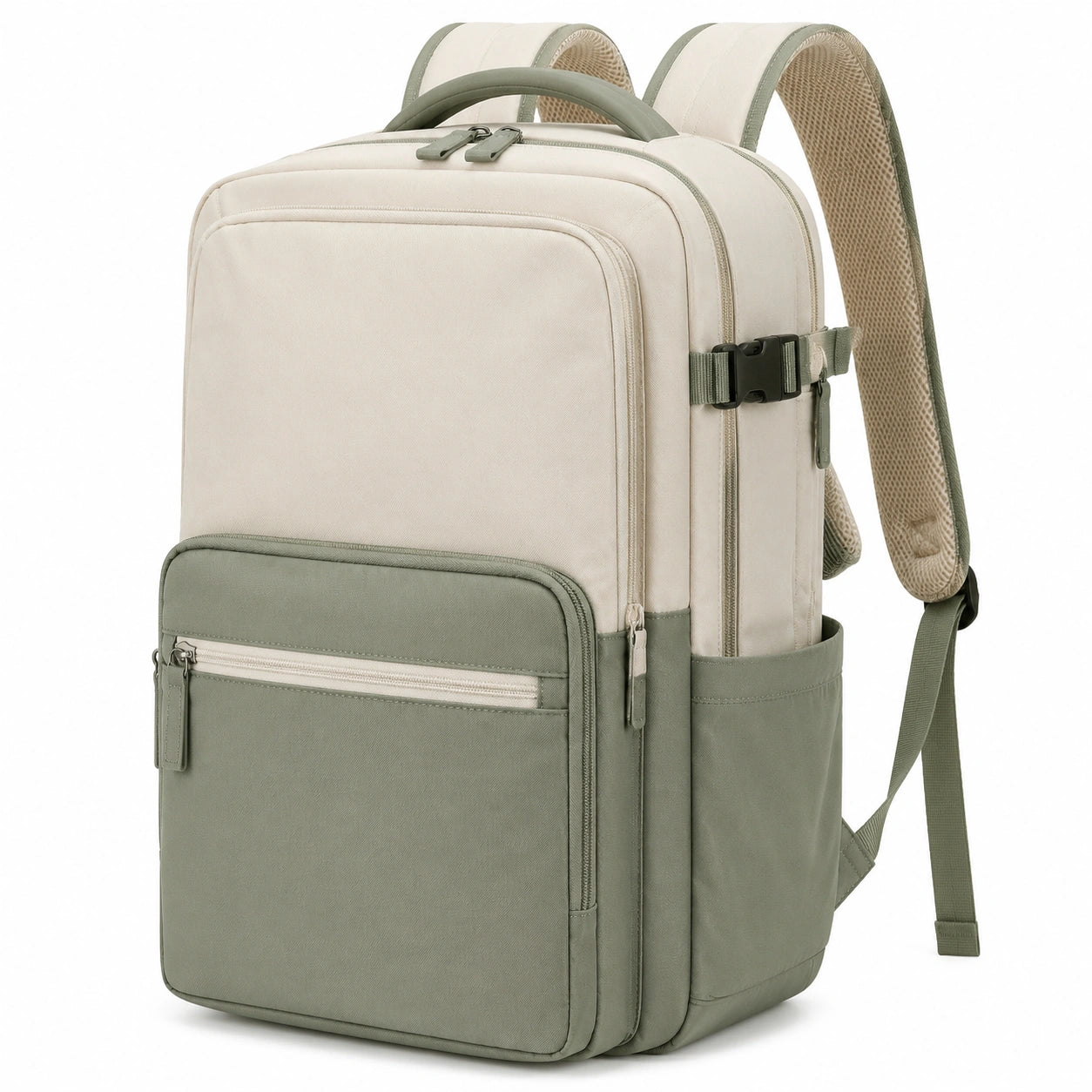 Zaino per laptop 30 x 16 x 43 cm in tessuto beige e verde con tasche multiple - stile urbano